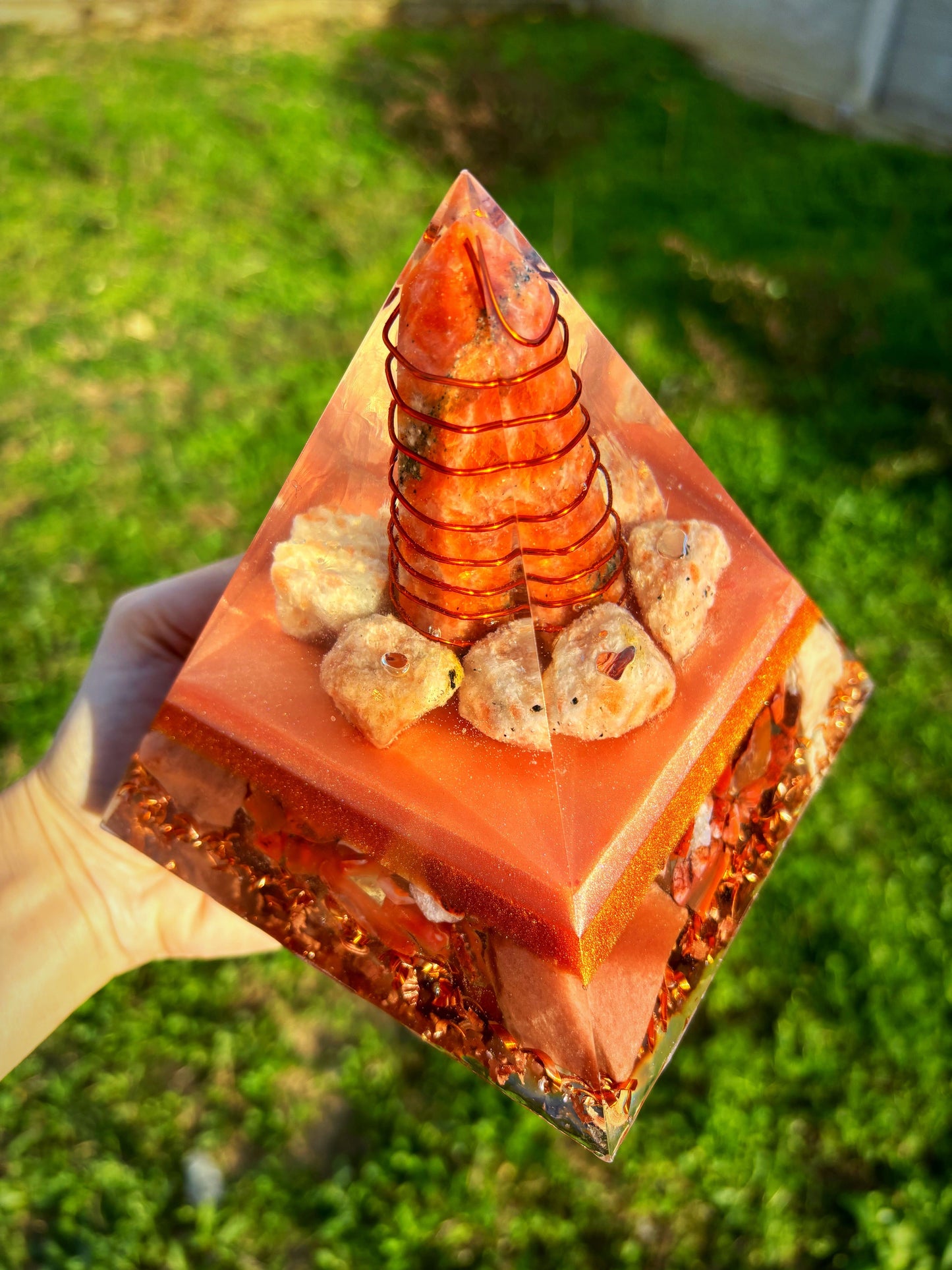 Sun's Blessing Orgonite Pyramid with Energyzing Sunstone, Carnelian and Calcite