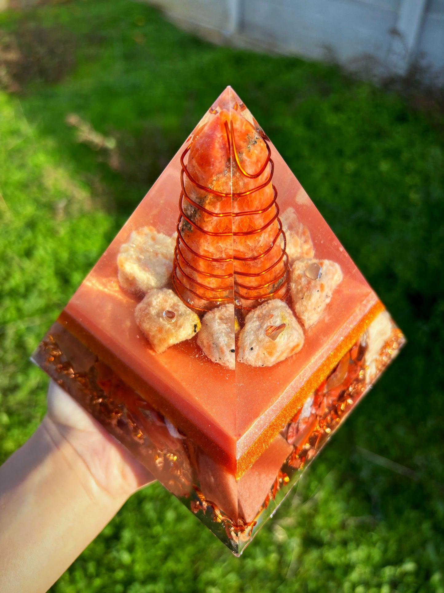 Sun's Blessing Orgonite Pyramid with Energyzing Sunstone, Carnelian and Calcite