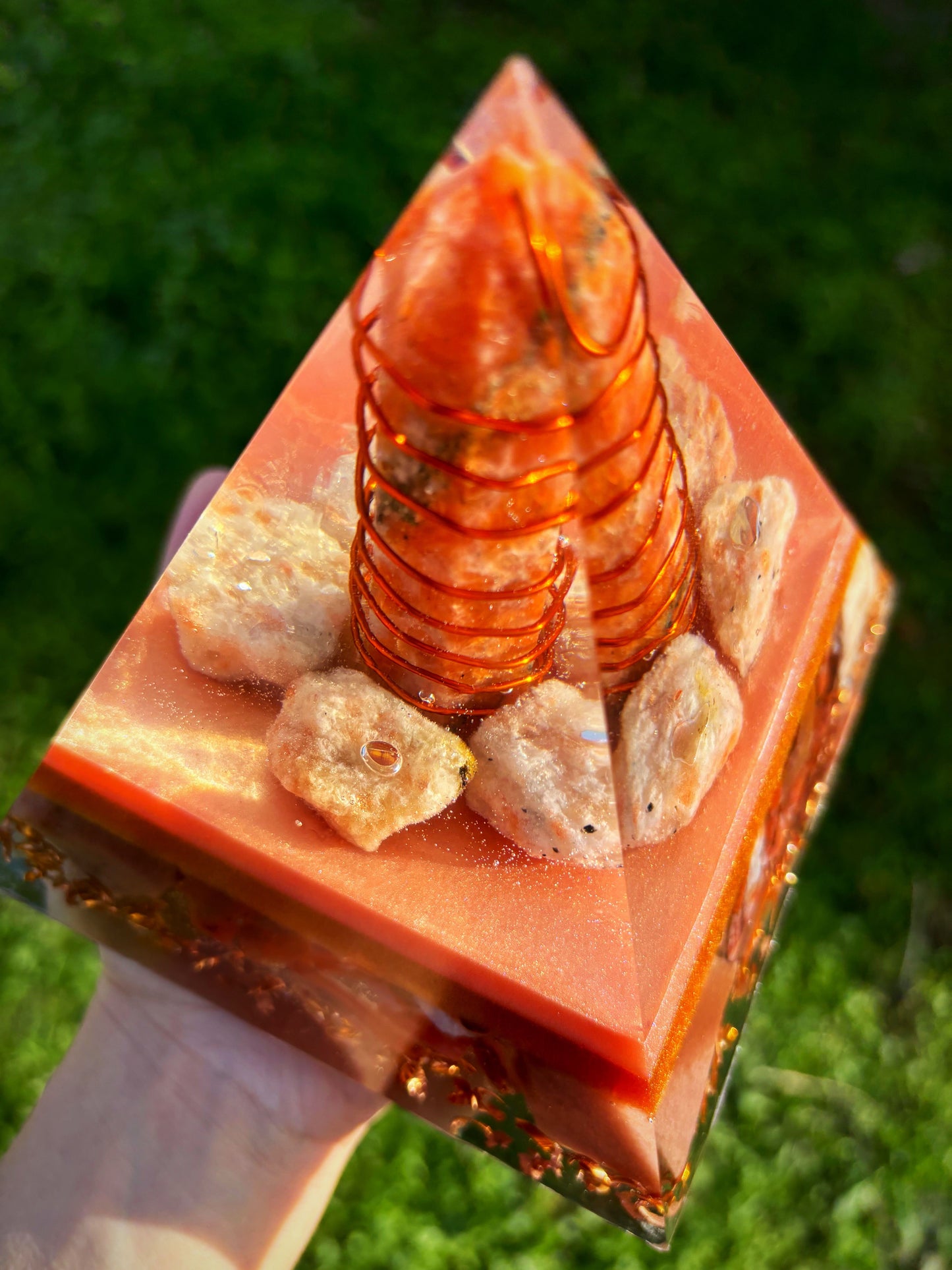 Sun's Blessing Orgonite Pyramid with Energyzing Sunstone, Carnelian and Calcite