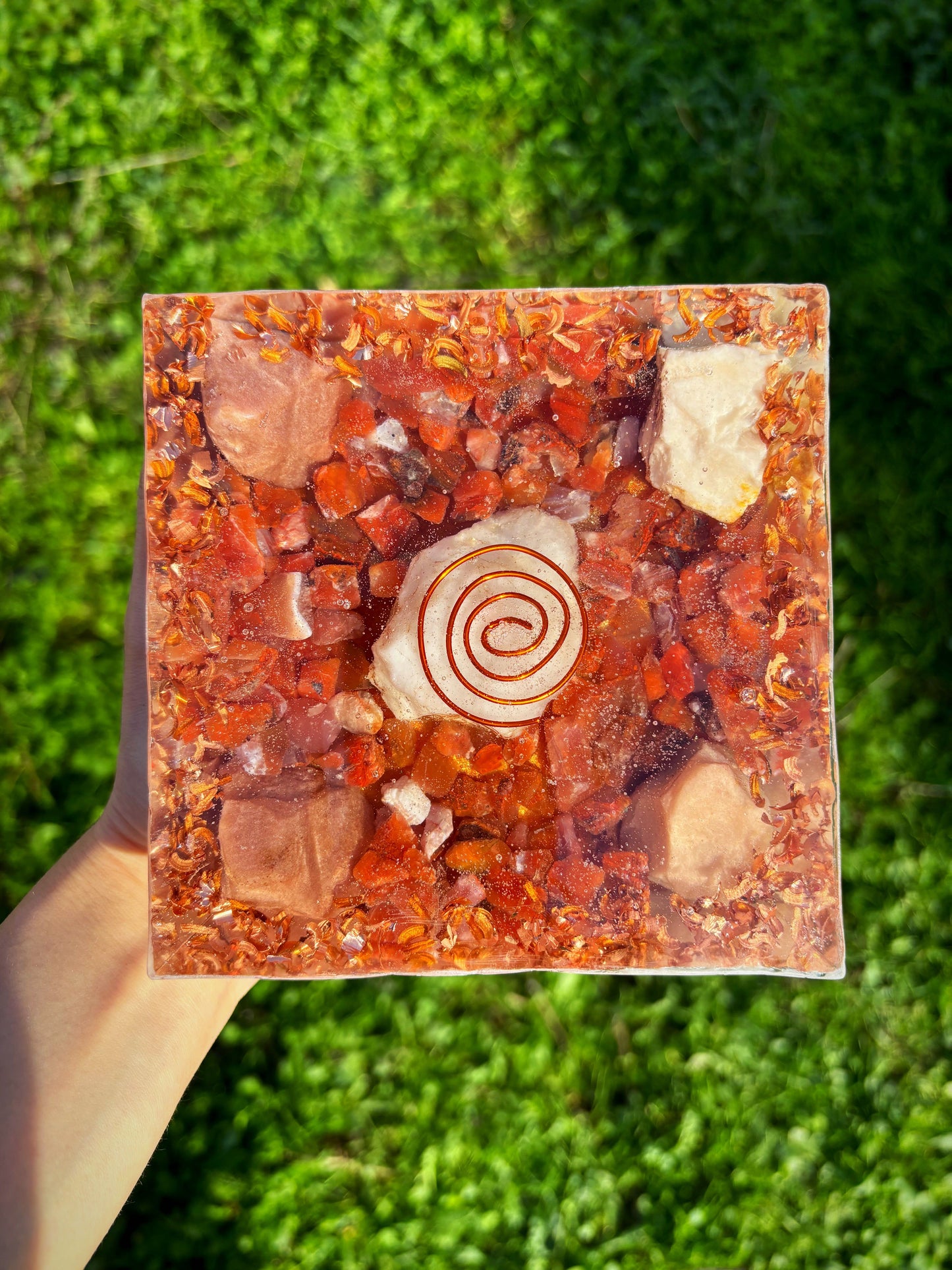 Sun's Blessing Orgonite Pyramid with Energyzing Sunstone, Carnelian and Calcite