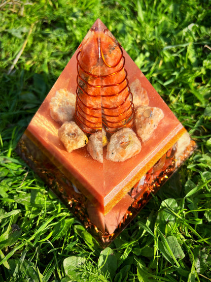 Sun's Blessing Orgonite Pyramid with Energyzing Sunstone, Carnelian and Calcite