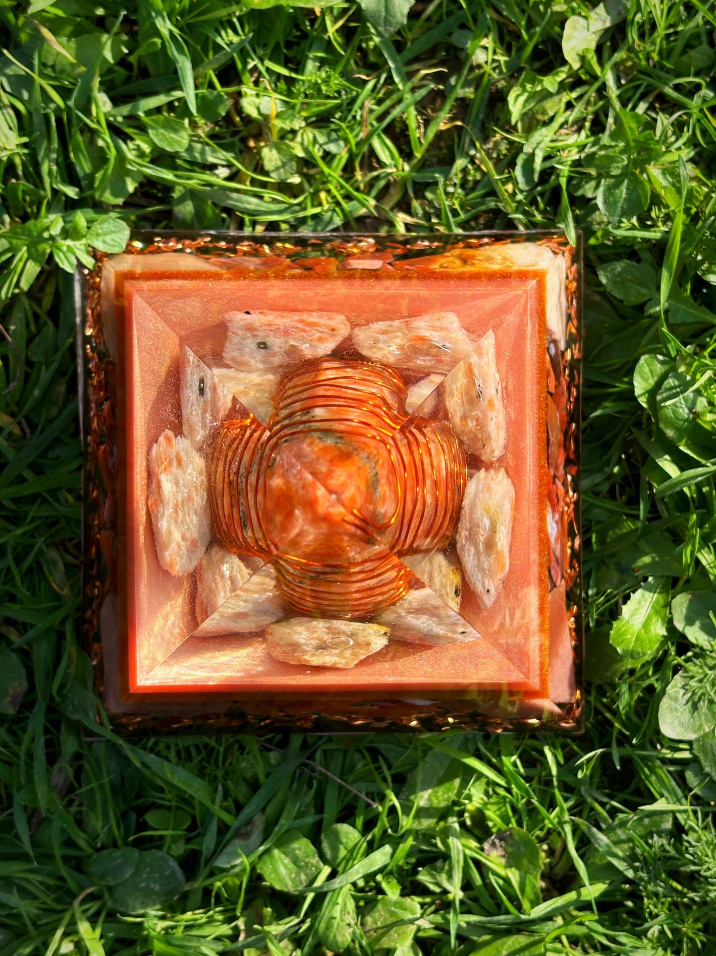 Sun's Blessing Orgonite Pyramid with Energyzing Sunstone, Carnelian and Calcite