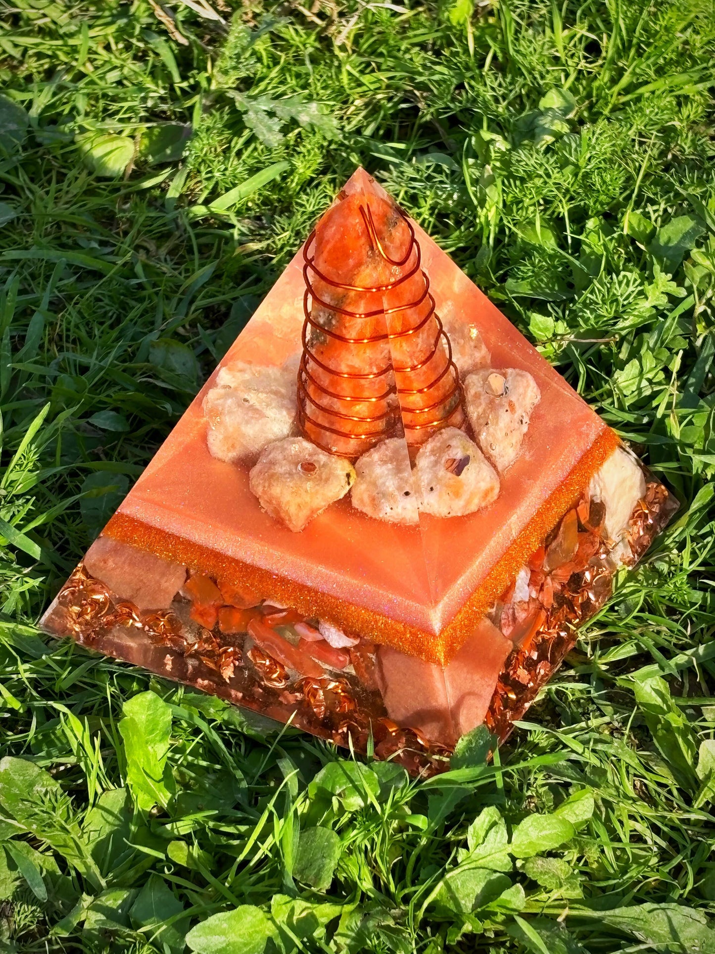 Sun's Blessing Orgonite Pyramid with Energyzing Sunstone, Carnelian and Calcite