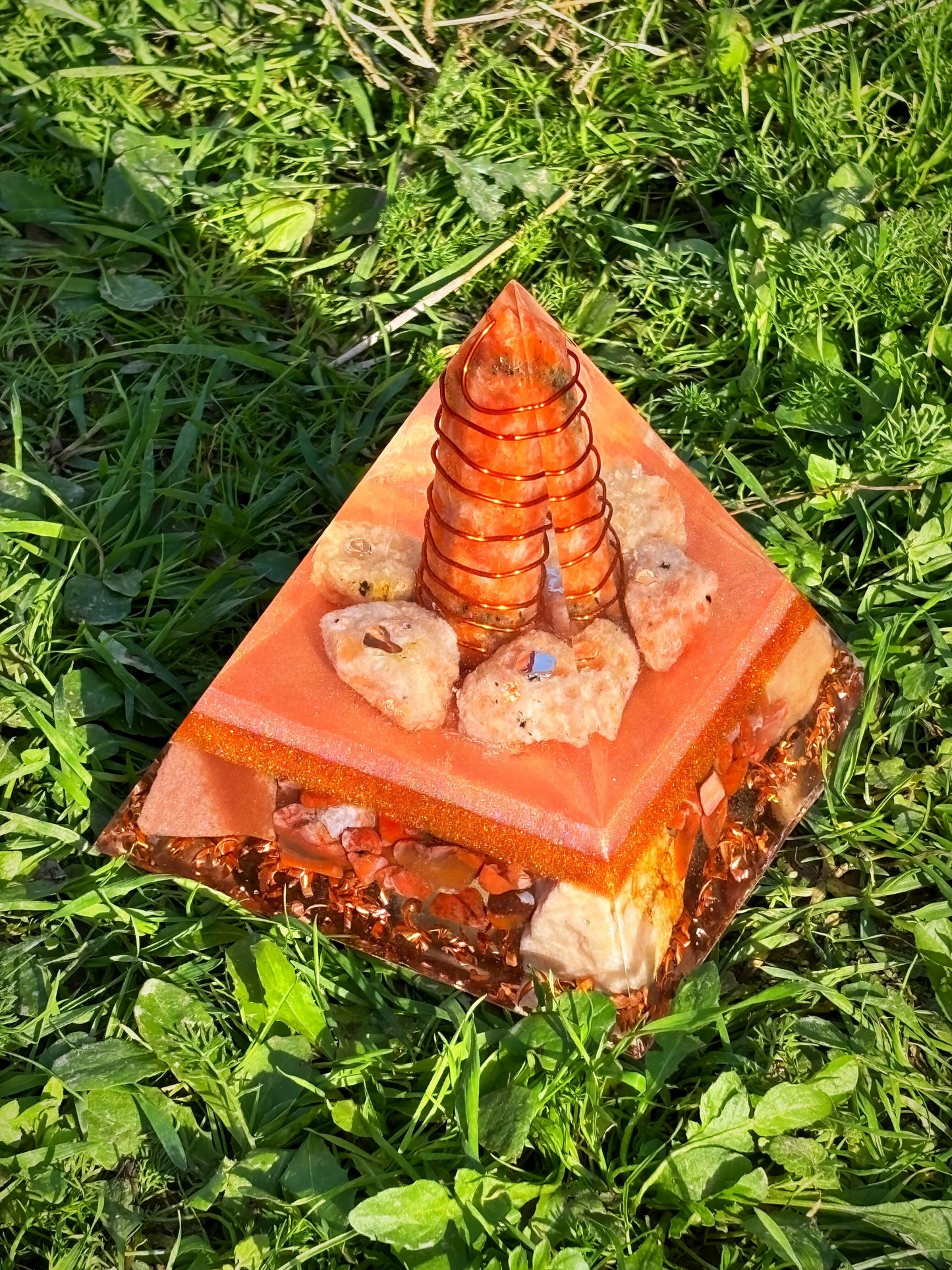 Sun's Blessing Orgonite Pyramid with Energyzing Sunstone, Carnelian and Calcite