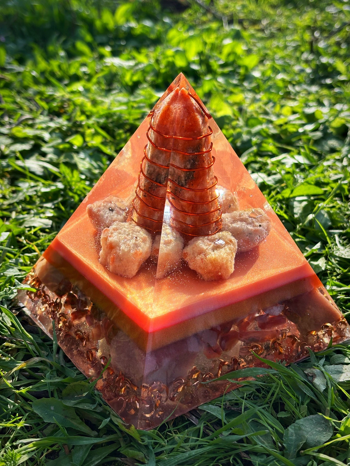 Sun's Blessing Orgonite Pyramid with Energyzing Sunstone, Carnelian and Calcite