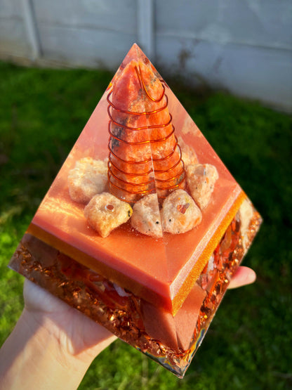 Sun's Blessing Orgonite Pyramid with Energyzing Sunstone, Carnelian and Calcite