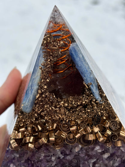 Higher Consciousness Orgonite Pyramid with Phenakite, Kyanite and Smoky Quartz