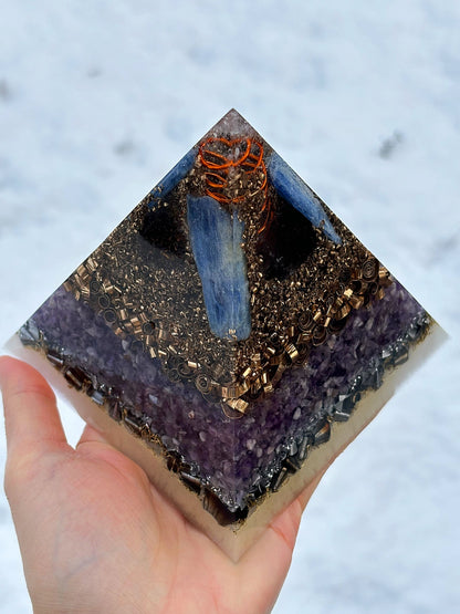 Higher Consciousness Orgonite Pyramid with Phenakite, Kyanite and Smoky Quartz