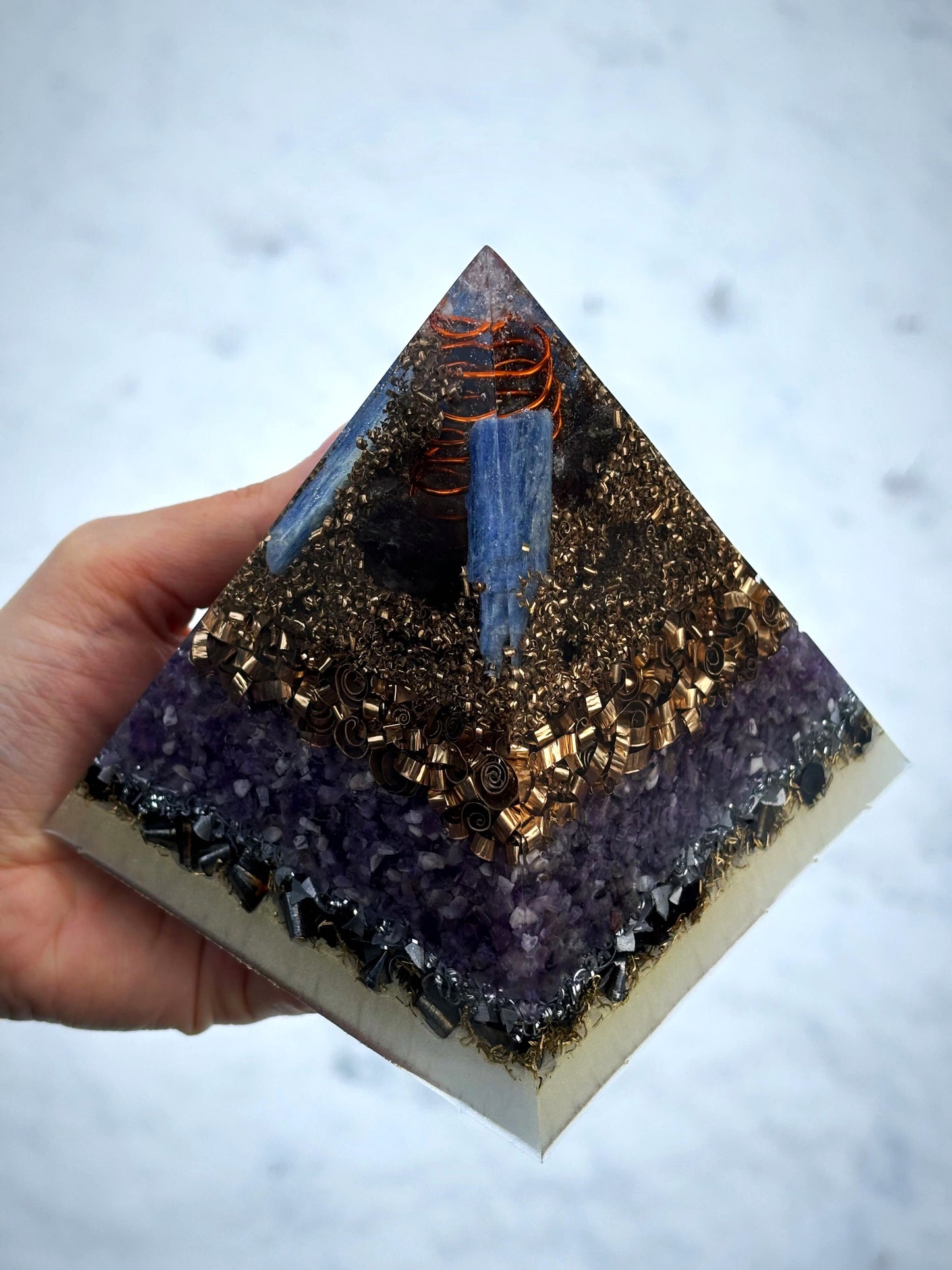 Higher Consciousness Orgonite Pyramid with Phenakite, Kyanite and Smoky Quartz