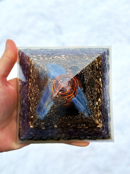 Higher Consciousness Orgonite Pyramid with Phenakite, Kyanite and Smoky Quartz