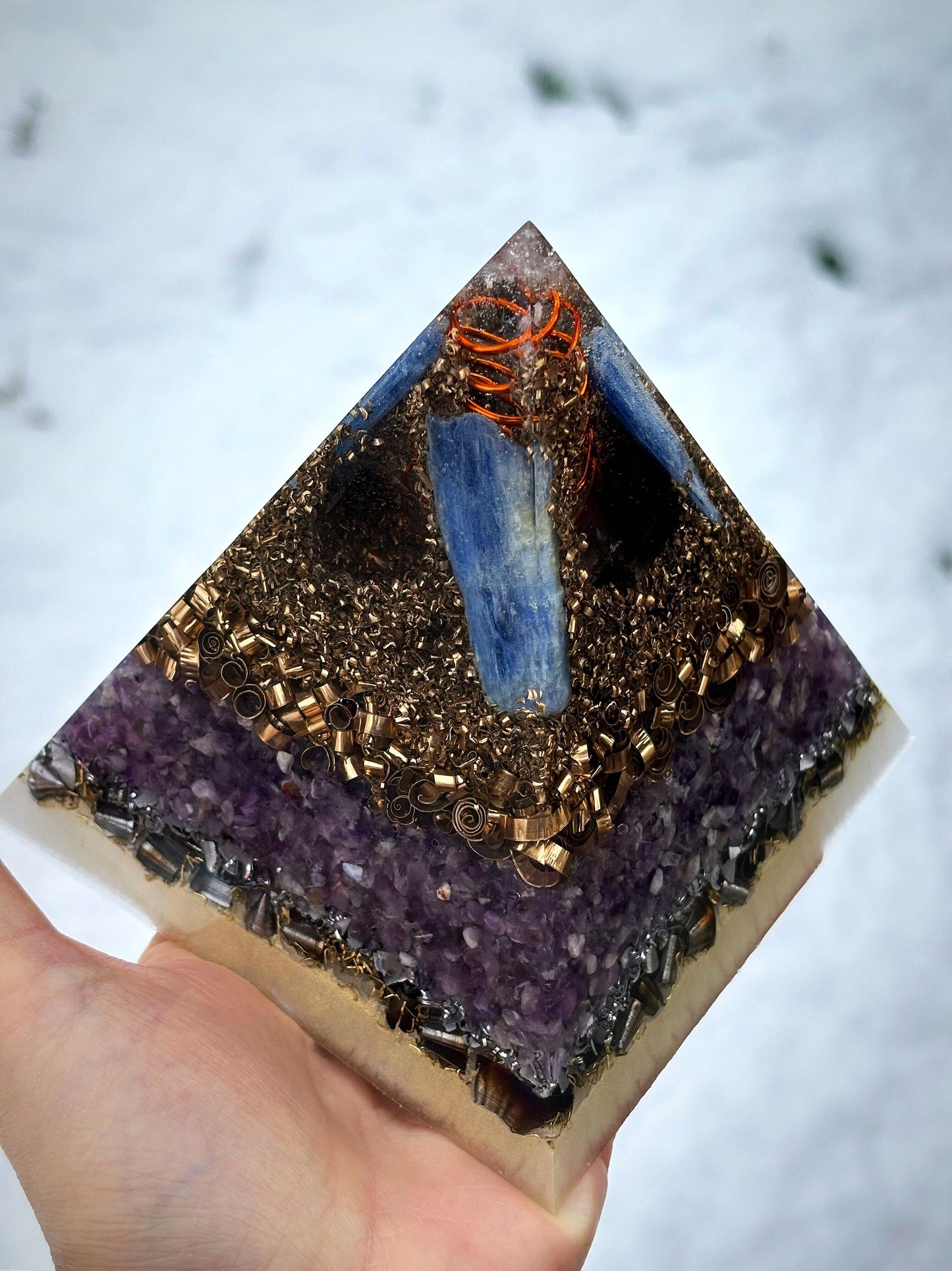 Higher Consciousness Orgonite Pyramid with Phenakite, Kyanite and Smoky Quartz