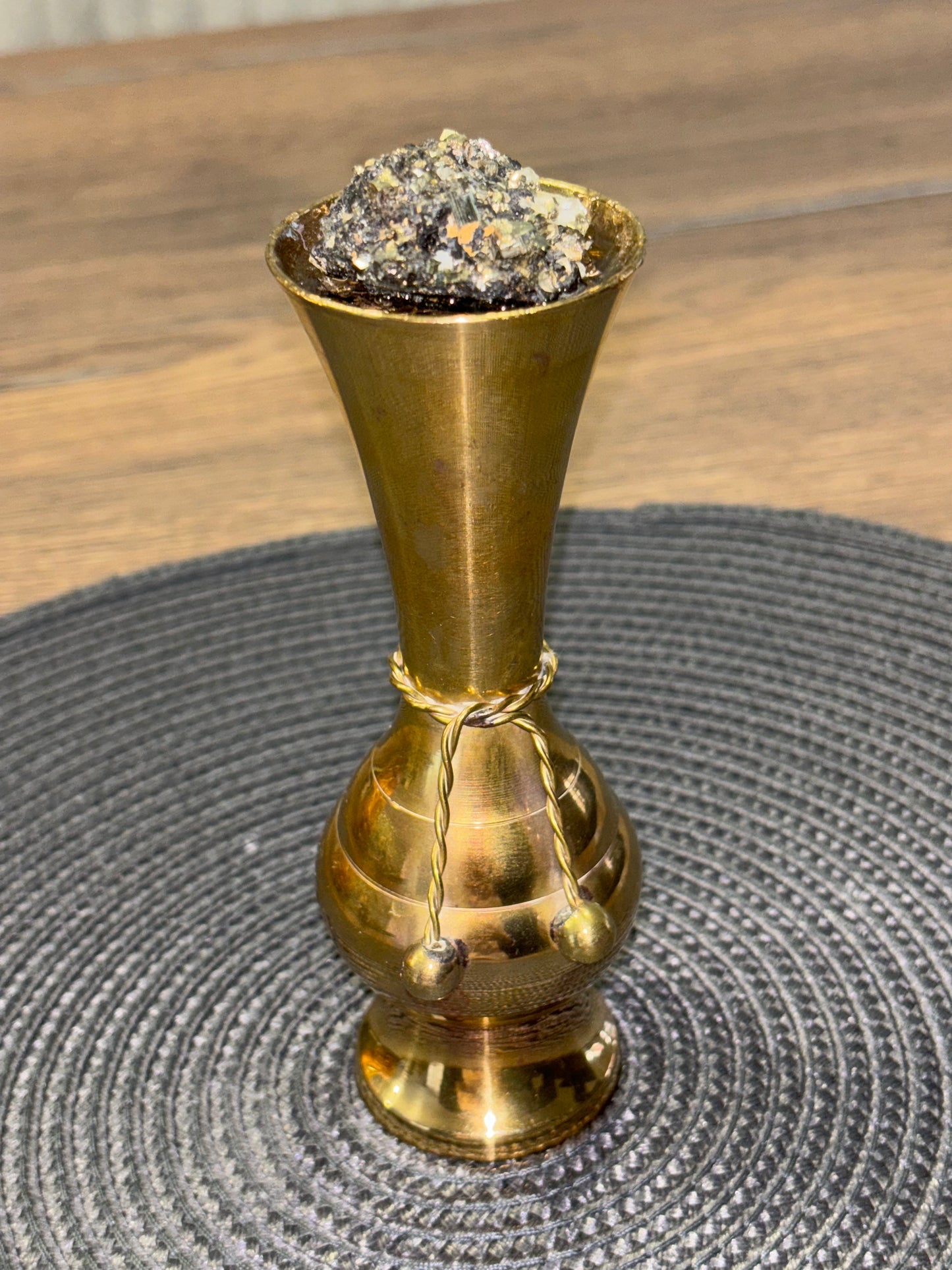 Orgonite Brass Vase filled with Rose Quartz , Carnelian and Pyrite for Love, Vitality and Abundance