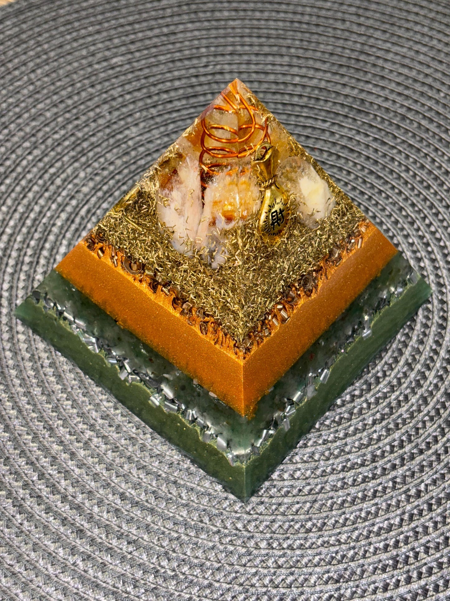 Attract Abundance Flow in Your Life Orgonite Pyramid with Citrine & Green Aventurine gemstones