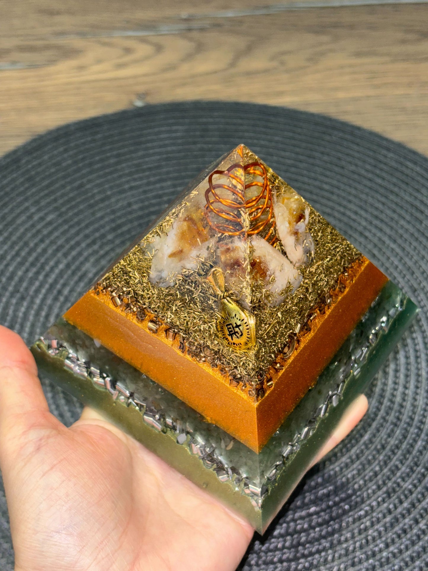 Attract Abundance Flow in Your Life Orgonite Pyramid with Citrine & Green Aventurine gemstones