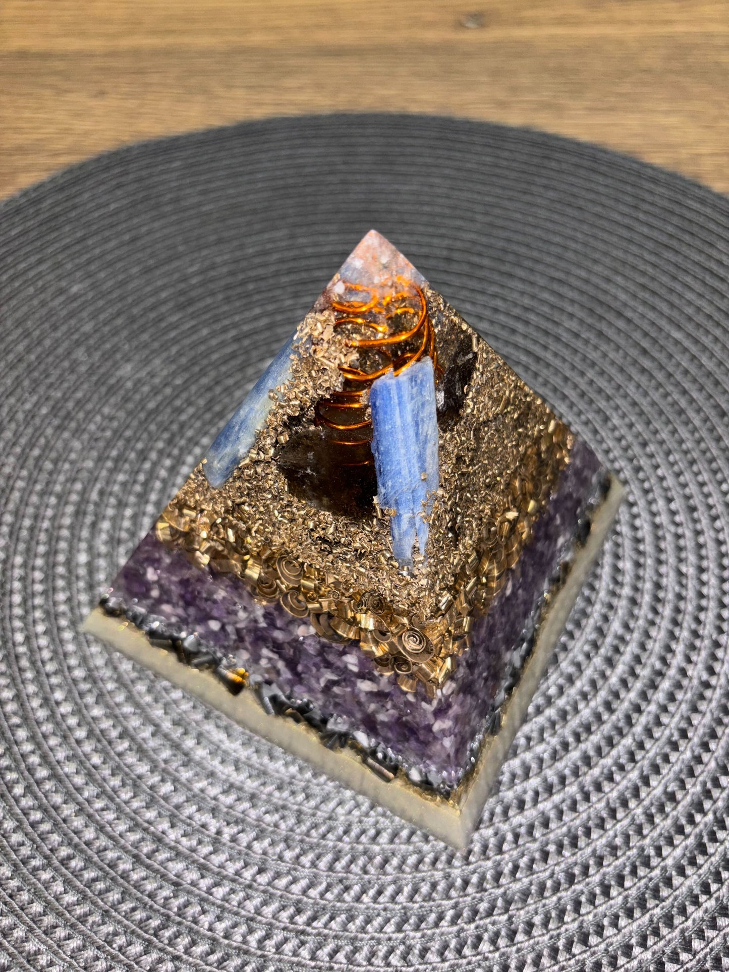 Higher Consciousness Orgonite Pyramid with Phenakite, Kyanite and Smoky Quartz