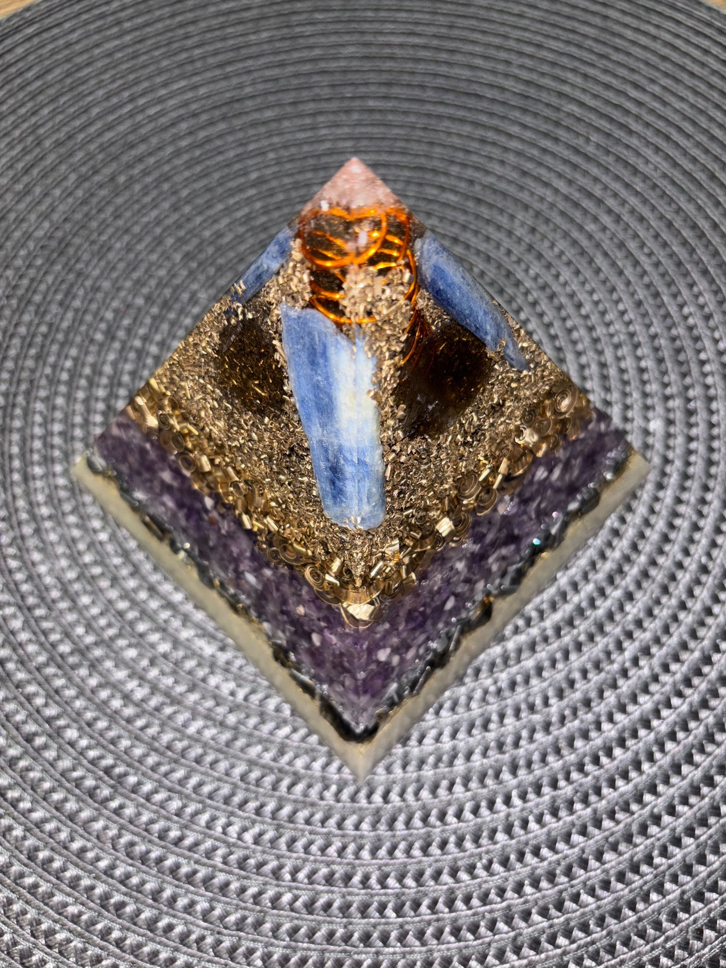 Higher Consciousness Orgonite Pyramid with Phenakite, Kyanite and Smoky Quartz