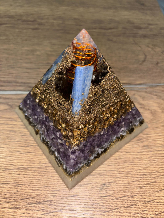 Higher Consciousness Orgonite Pyramid with Phenakite, Kyanite and Smoky Quartz