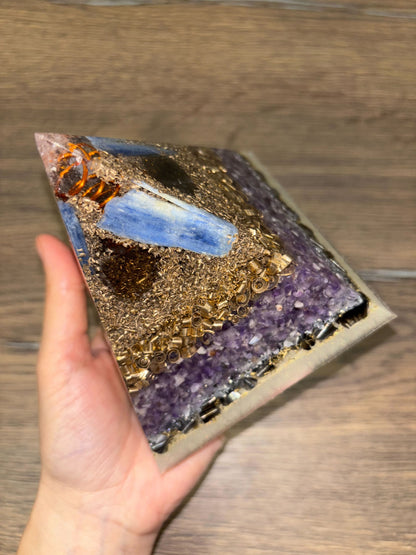 Higher Consciousness Orgonite Pyramid with Phenakite, Kyanite and Smoky Quartz