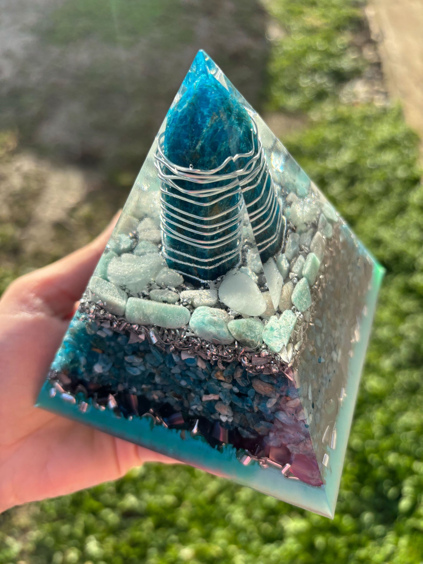 Manifestation Portal Orgonite Pyramid with Blend of Blue Apatite, Aquamarine and Amazonite