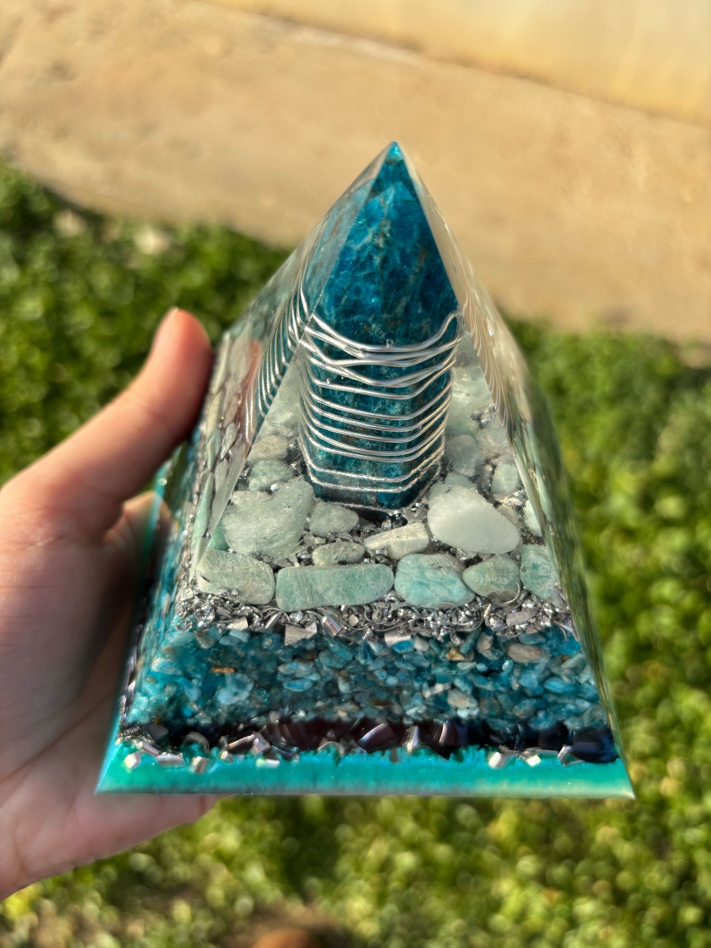 Manifestation Portal Orgonite Pyramid with Blend of Blue Apatite, Aquamarine and Amazonite