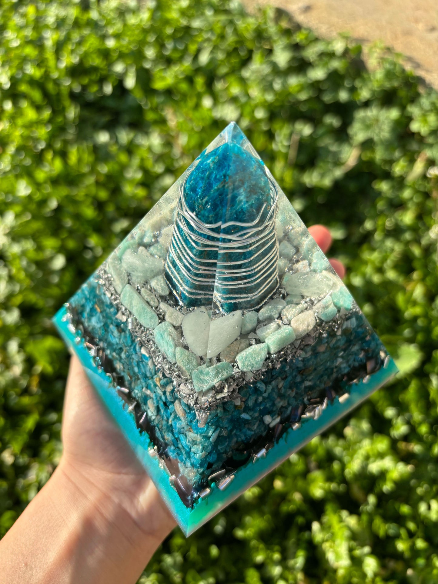 Manifestation Portal Orgonite Pyramid with Blend of Blue Apatite, Aquamarine and Amazonite