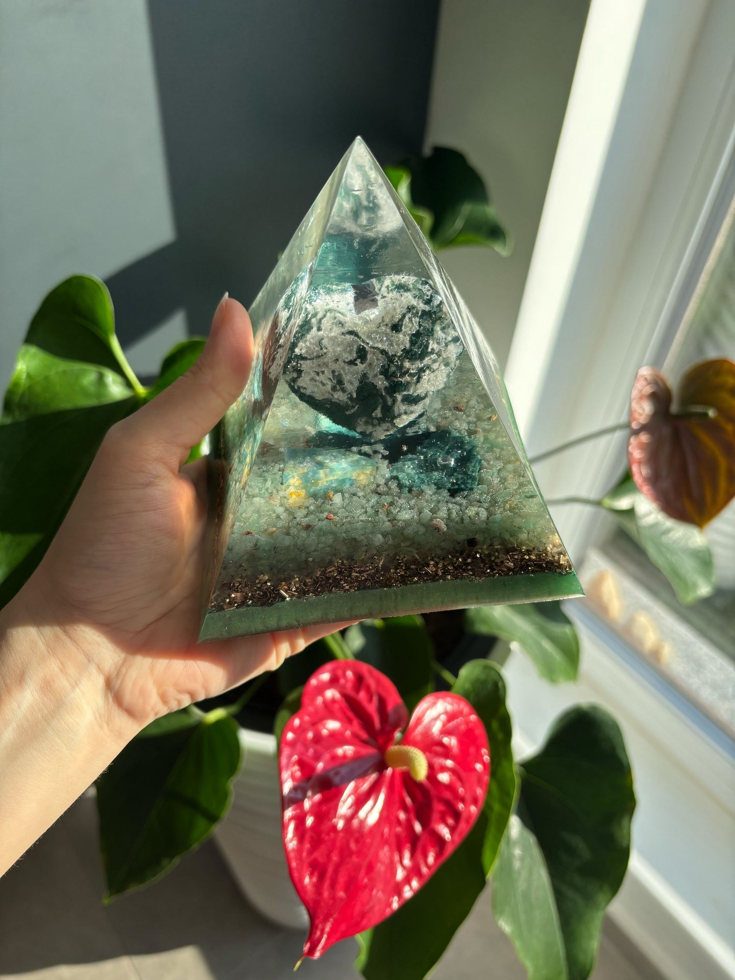 Connected to Earth Orgonite Pyramid with Agate Moss and Green Aventurine for Grounding, Growth and Abundance