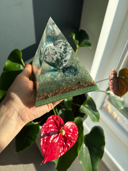 Connected to Earth Orgonite Pyramid with Agate Moss and Green Aventurine for Grounding, Growth and Abundance