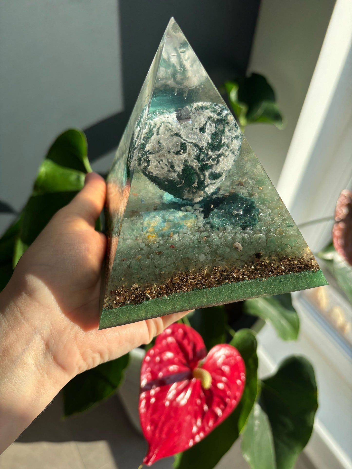 Connected to Earth Orgonite Pyramid with Agate Moss and Green Aventurine for Grounding, Growth and Abundance