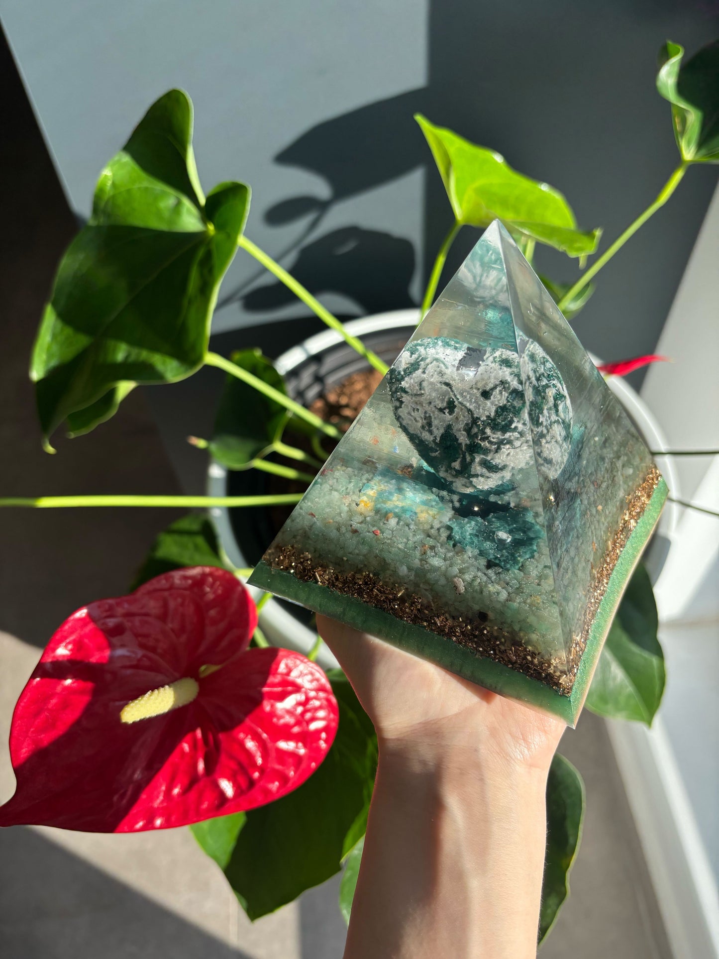 Connected to Earth Orgonite Pyramid with Agate Moss and Green Aventurine for Grounding, Growth and Abundance