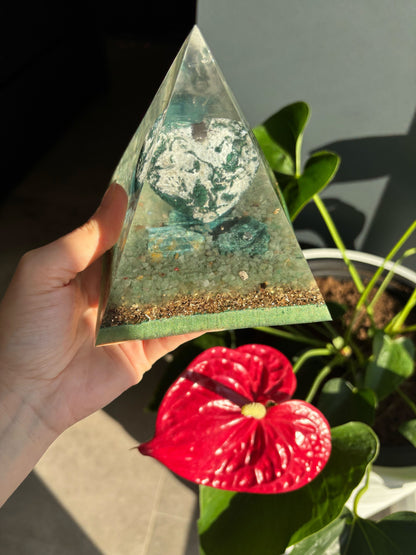 Connected to Earth Orgonite Pyramid with Agate Moss and Green Aventurine for Grounding, Growth and Abundance