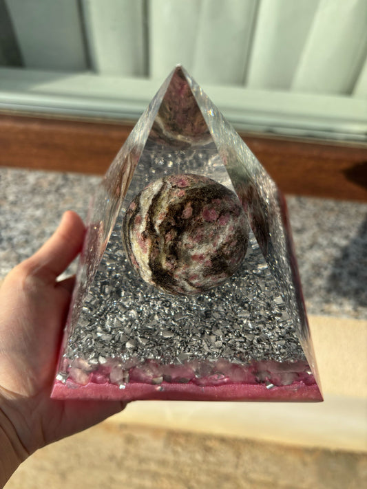 Planet Love Orgonite Pyramid with Pink Tourmaline and Rose Quartz