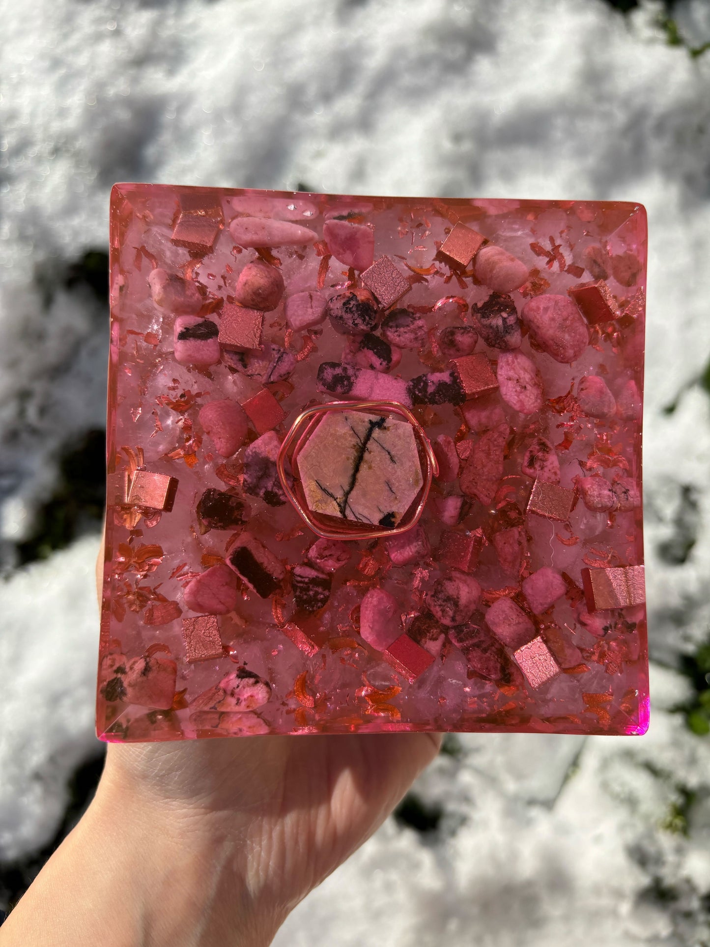 Heart Healer Orgonite Pyramid with Rhodonite and Rose Quartz, Spread Love and Compassion