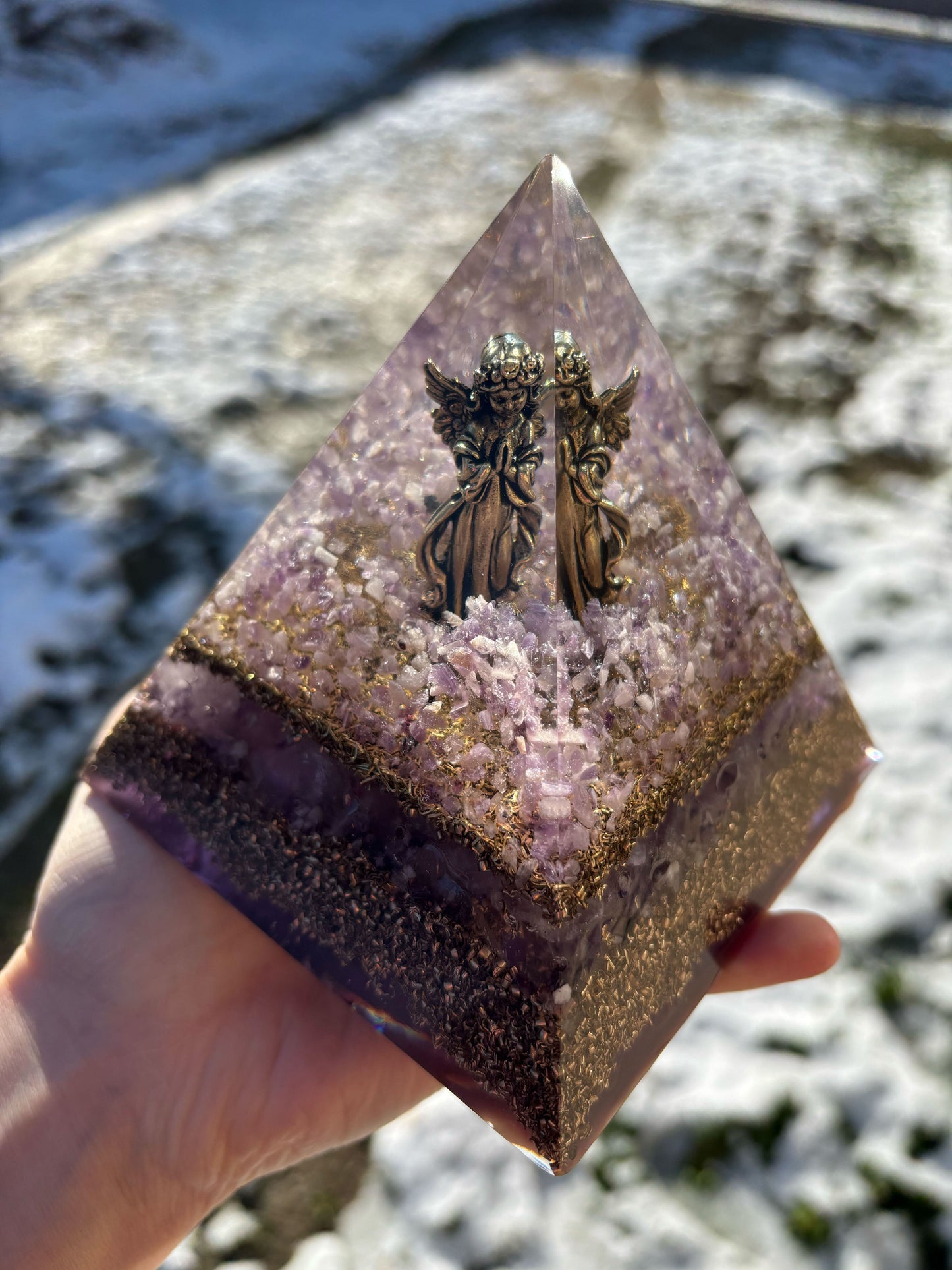 Angel Realm Orgonite Pyramid with Amethyst & Rose Quartz