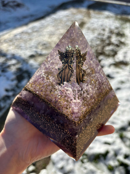 Angel Realm Orgonite Pyramid with Amethyst & Rose Quartz