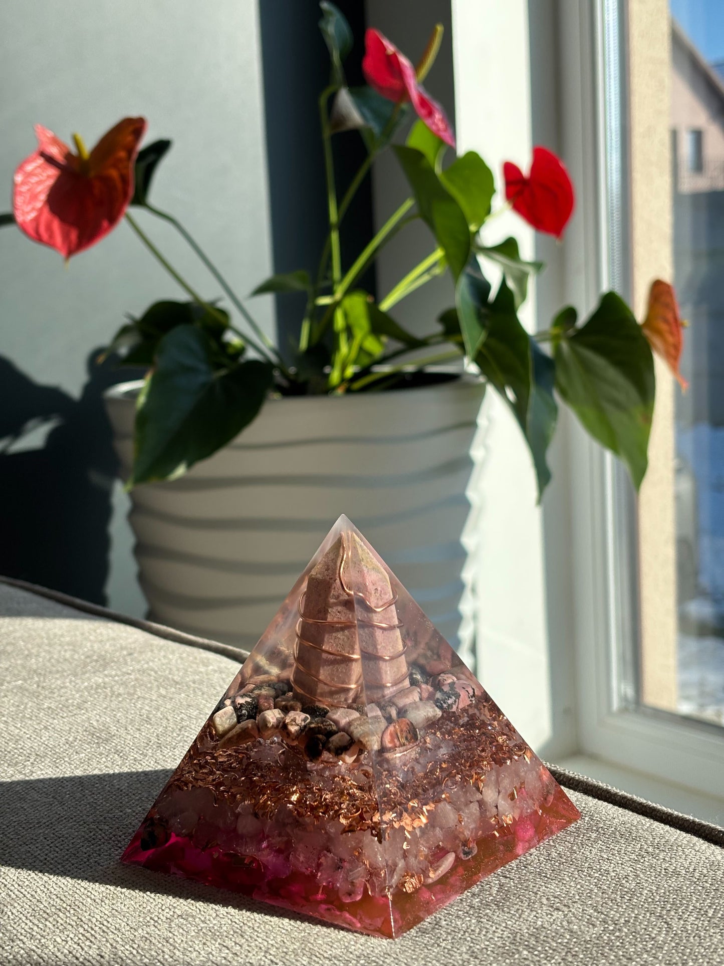 Heart Healer Orgonite Pyramid with Rhodonite and Rose Quartz, Spread Love and Compassion