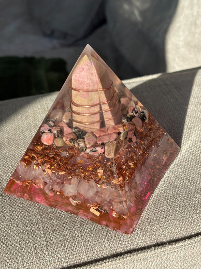 Heart Healer Orgonite Pyramid with Rhodonite and Rose Quartz, Spread Love and Compassion