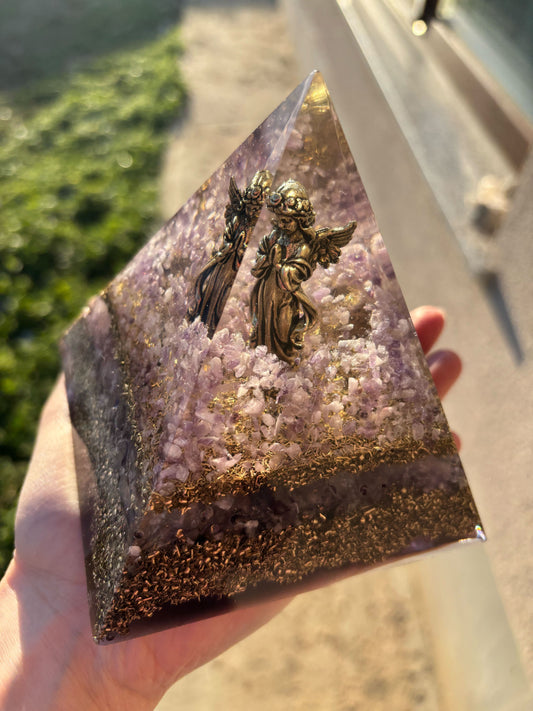 Angel Realm Orgonite Pyramid with Amethyst & Rose Quartz