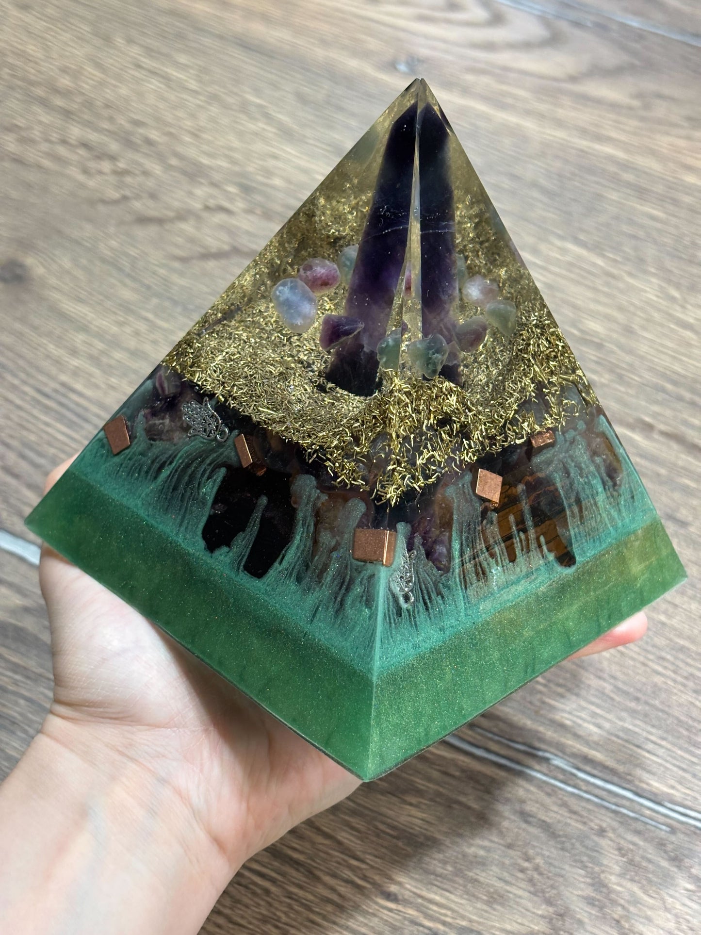 Protect your Mind, Body & Spirit Orgonite Pyramid with Fluorite, Amethyst and Shungite