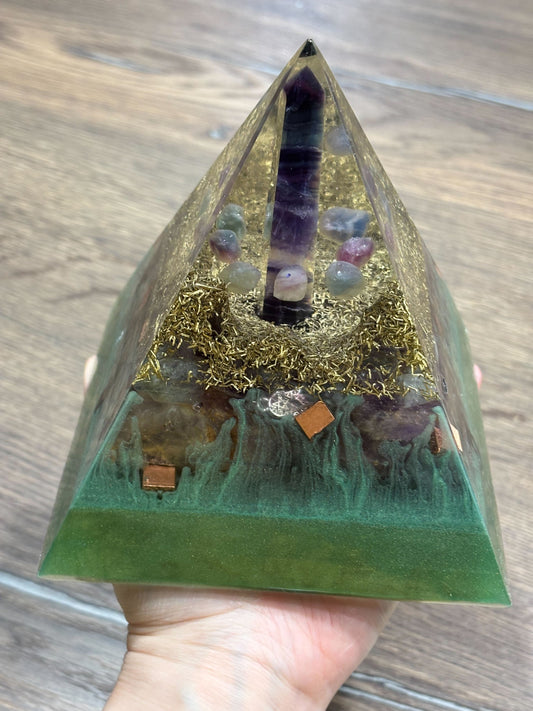 Protect your Mind, Body & Spirit Orgonite Pyramid with Fluorite, Amethyst and Shungite