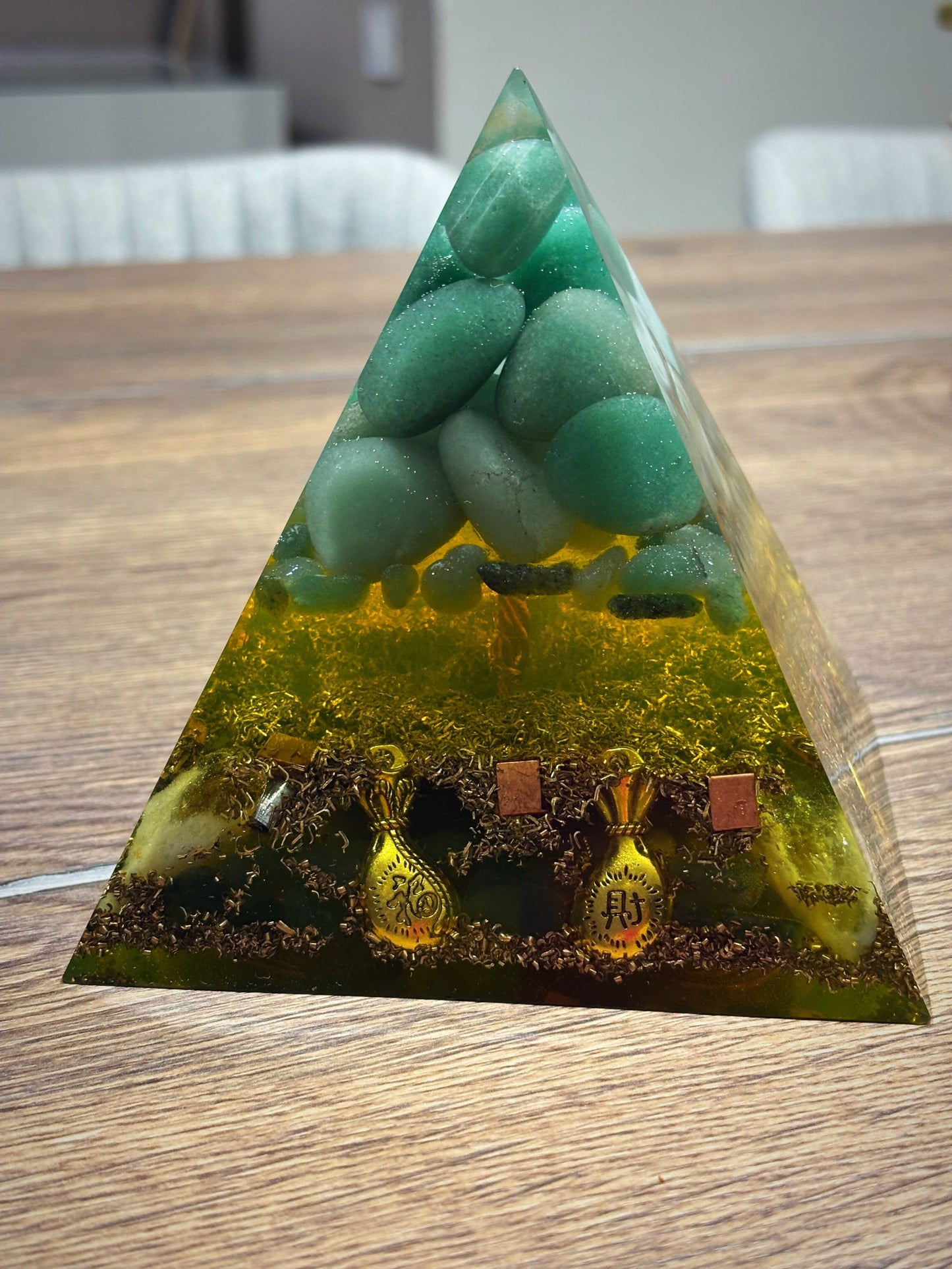 Unlock Success and Financial Abundance with this Orgone Tree Pyramid made of Green Aventurine & Citrine gemstones