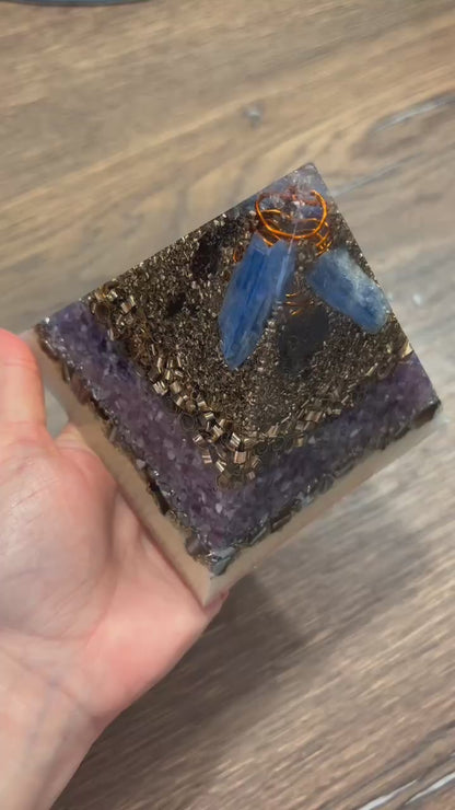 Higher Consciousness Orgonite Pyramid with Phenakite, Kyanite and Smoky Quartz