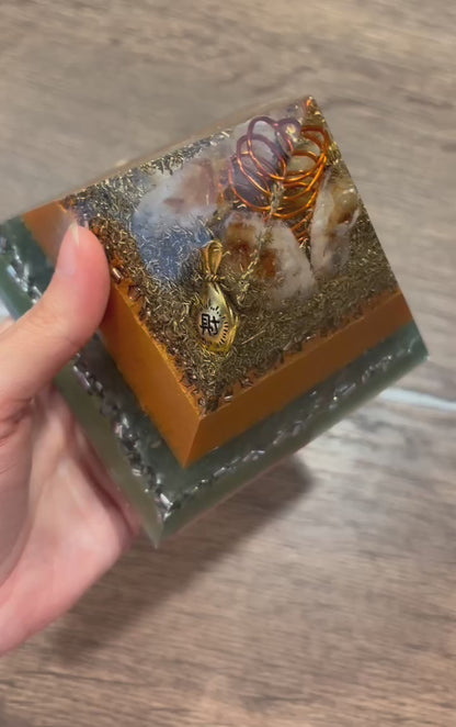 Attract Abundance Flow in Your Life Orgonite Pyramid with Citrine & Green Aventurine gemstones