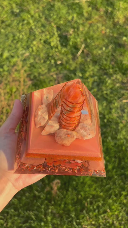 Sun's Blessing Orgonite Pyramid with Energyzing Sunstone, Carnelian and Calcite