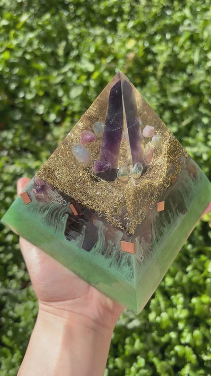 Protect your Mind, Body & Spirit Orgonite Pyramid with Fluorite, Amethyst and Shungite